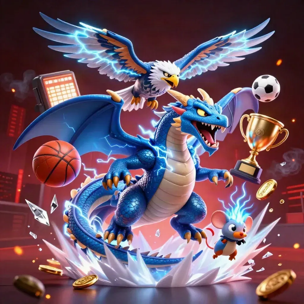 Naga petir, elang angin, dan tikus listrik melesat, dikelilingi bola olahraga dan trofi emas.