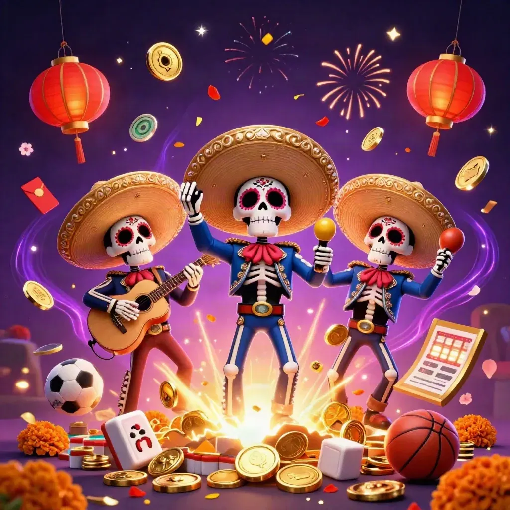 Tiga skeleton mariachi di tengah ledakan koin emas, lampion, petasan, dan kilau neon.