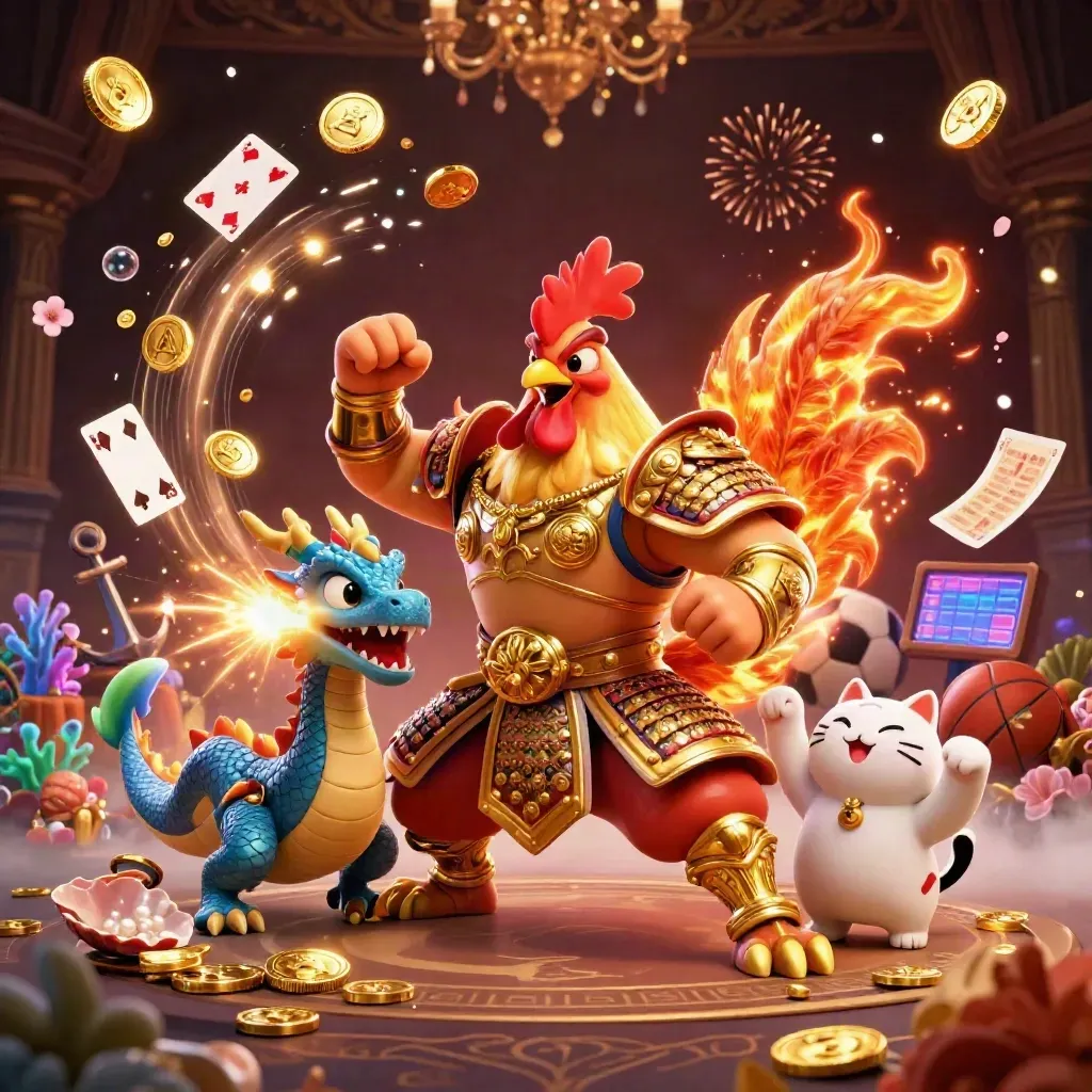 Ayam samurai, bayi naga, dan kucing hoki di lautan harta emas bercahaya.