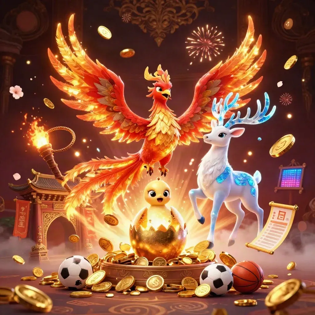 Phoenix, rusa kristal, dan anak phoenix dengan koin emas, petir, dan nuansa kasino mewah.