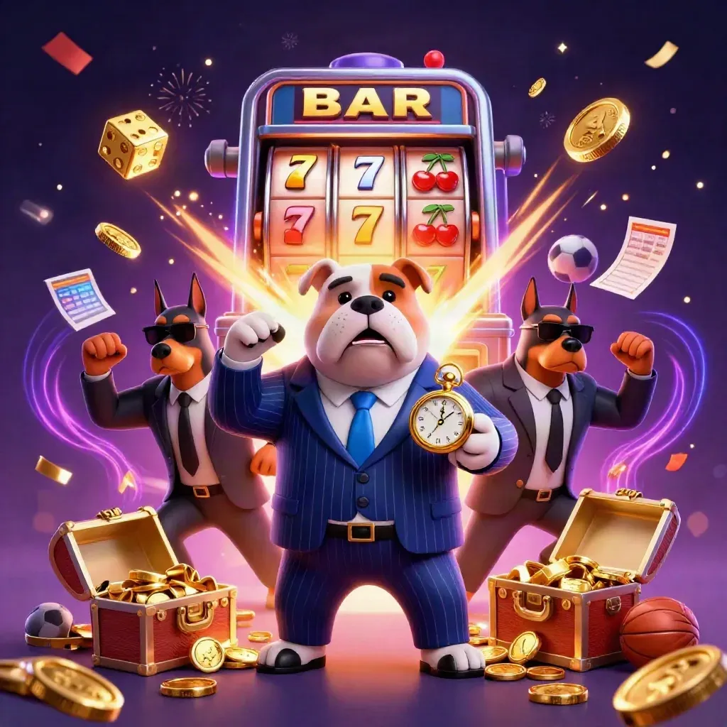 Bulldog bos dan dua doberman dikelilingi slot, koin emas, kembang api, dan bola olahraga meledak.