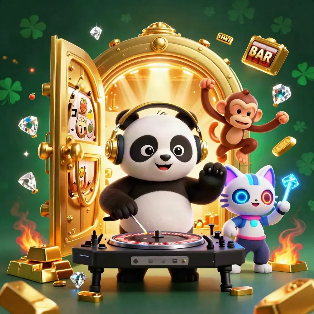Panda DJ, monyet breakdance, dan kucing glow-stick dikelilingi harta, slot, dan cahaya emas.