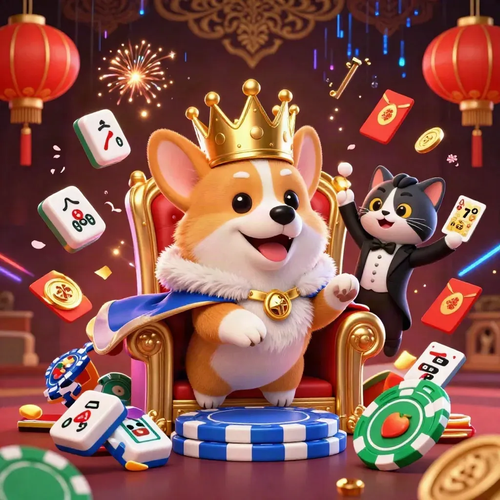 Korgi raja dan kucing pelayan di kursi chip, dikelilingi simbol slot emas-neon.