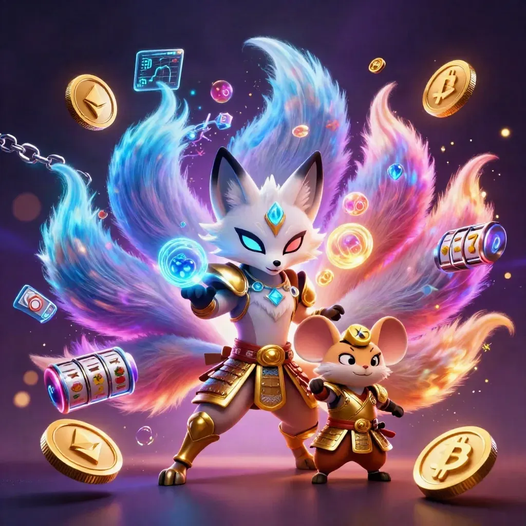 Rubah roh sembilan ekor dan tikus samurai emas dikelilingi koin kripto, kilat, dan efek neon.