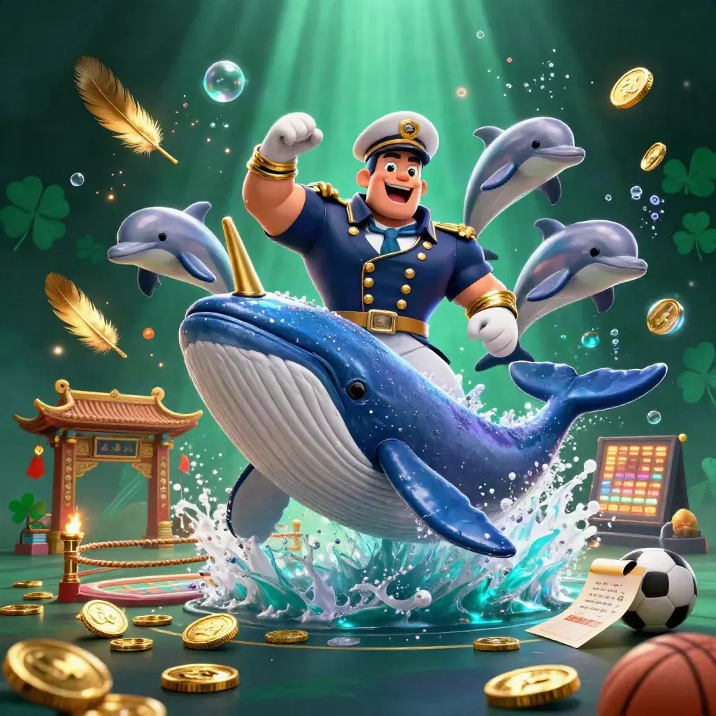 Paus kartun raksasa, narwhal, dan lumba-lumba di lautan koin dengan bola olahraga dan kilau emas.