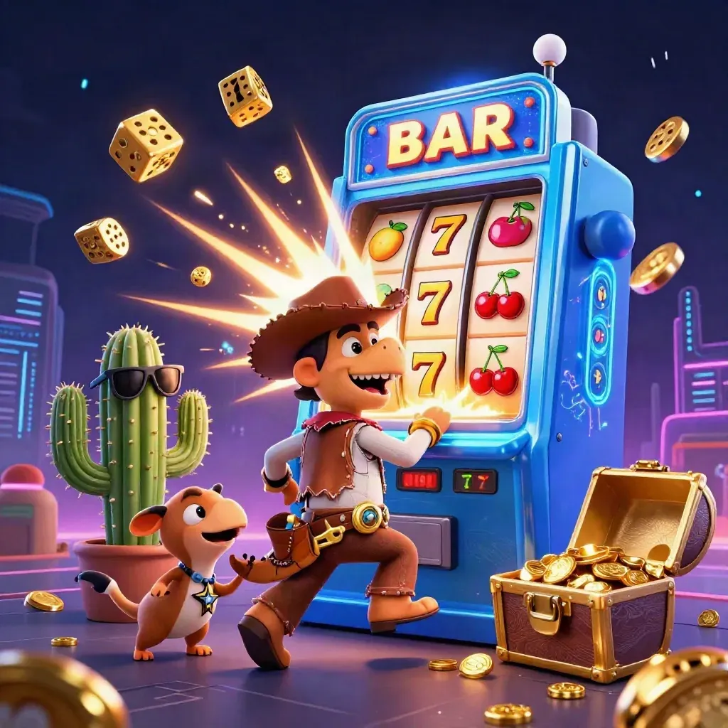 T-Rex koboi, kaktus, dan roadrunner di mesin slot neon emas-emerald.