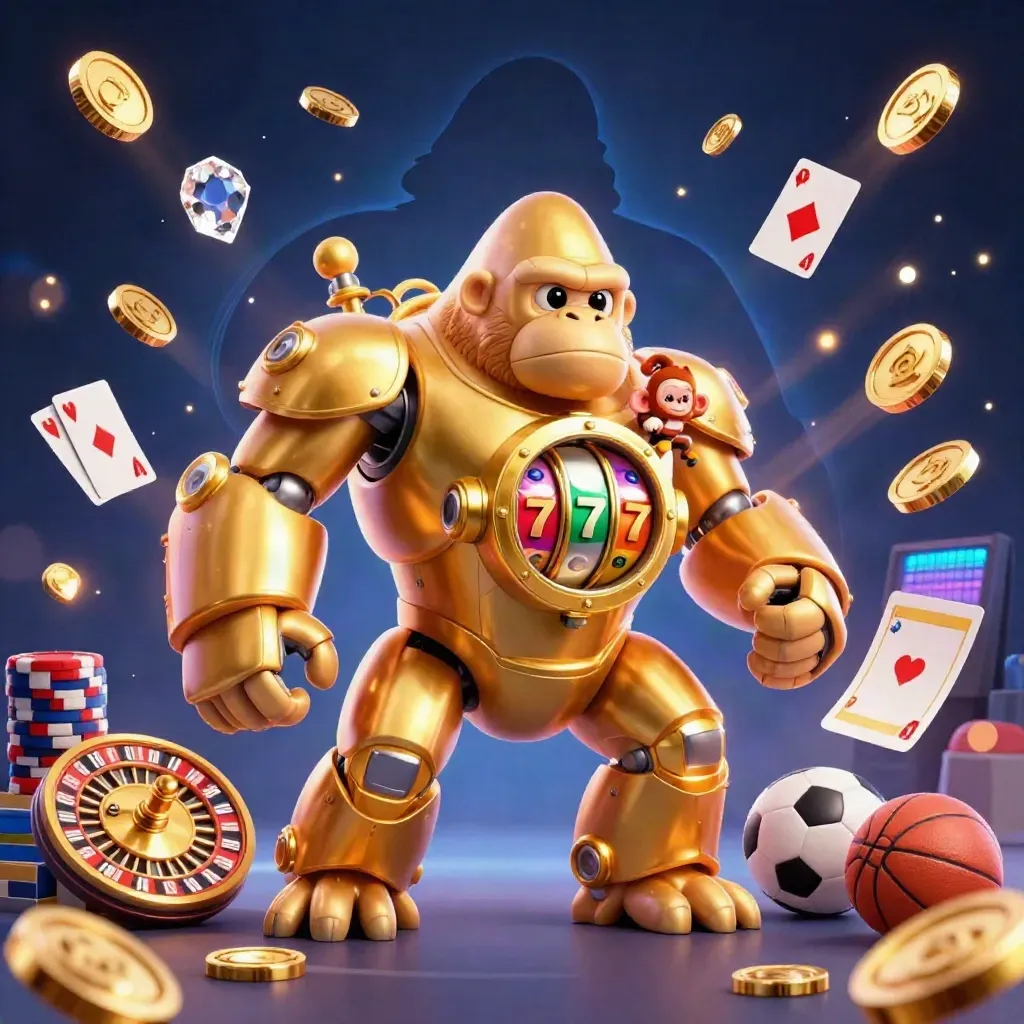Gorila mech emas dengan monyet kecil, koin, chip, bola, dan cahaya neon mewah.