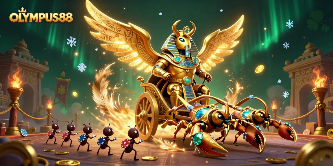 OLYMPUS88 menyajikan slot online dengan ilustrasi menarik menampilkan scarab raksasa dan peti harta karun.