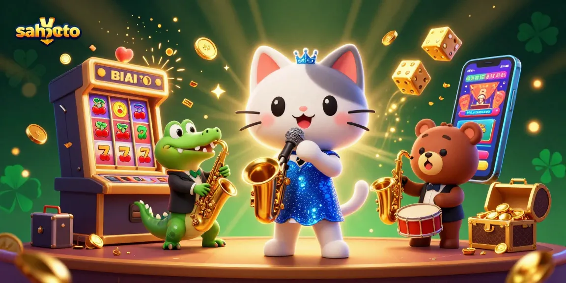 Gambarlah sahamtoto dengan karakter kasino 3D, mesin slot, dan koin emas terbang.