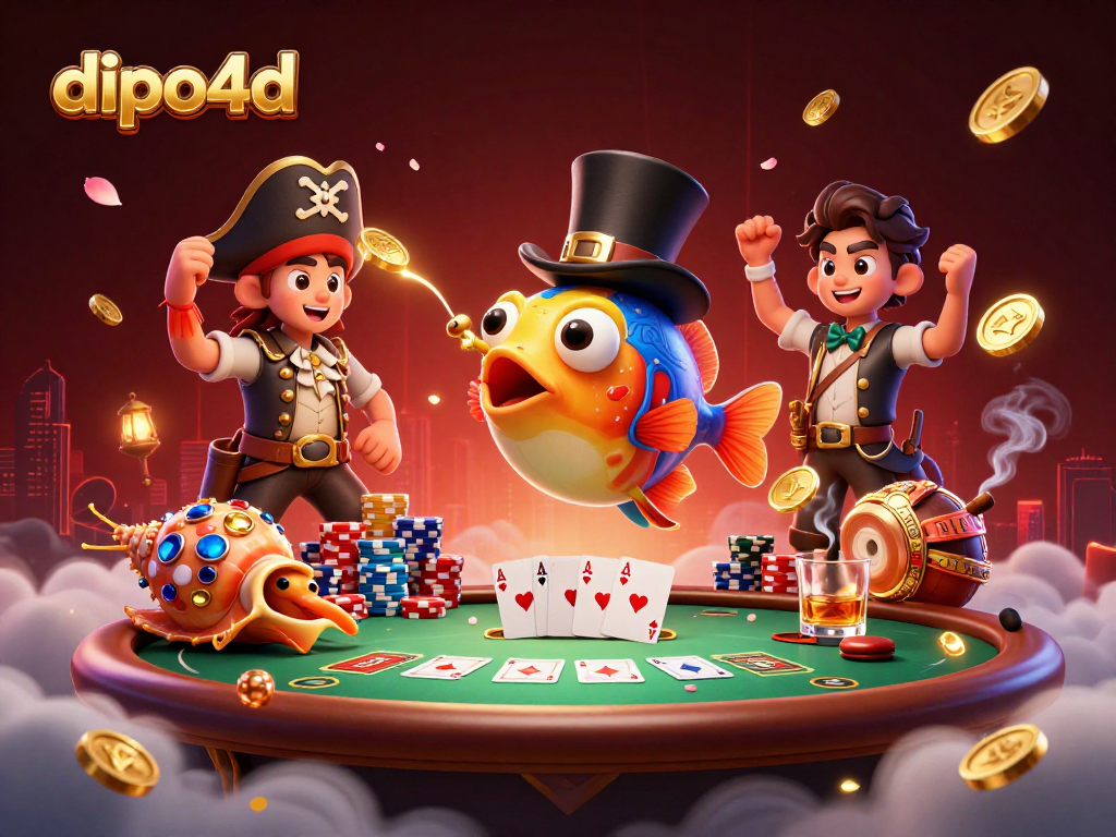 Experience dipo4d excitement with treasure-filled sea creatures at a poker table amid vibrant casino elements.