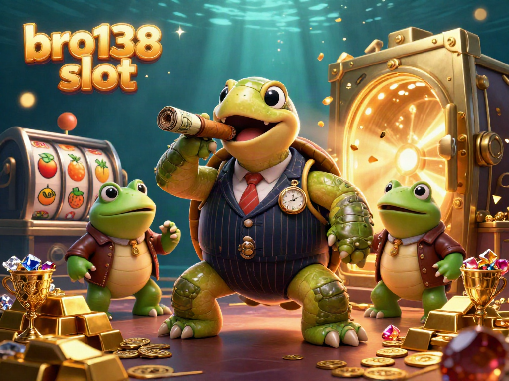 Play bro138 slot with a dynamic scene of a snapping turtle mobster surrounded by slot elements and gold treasures.