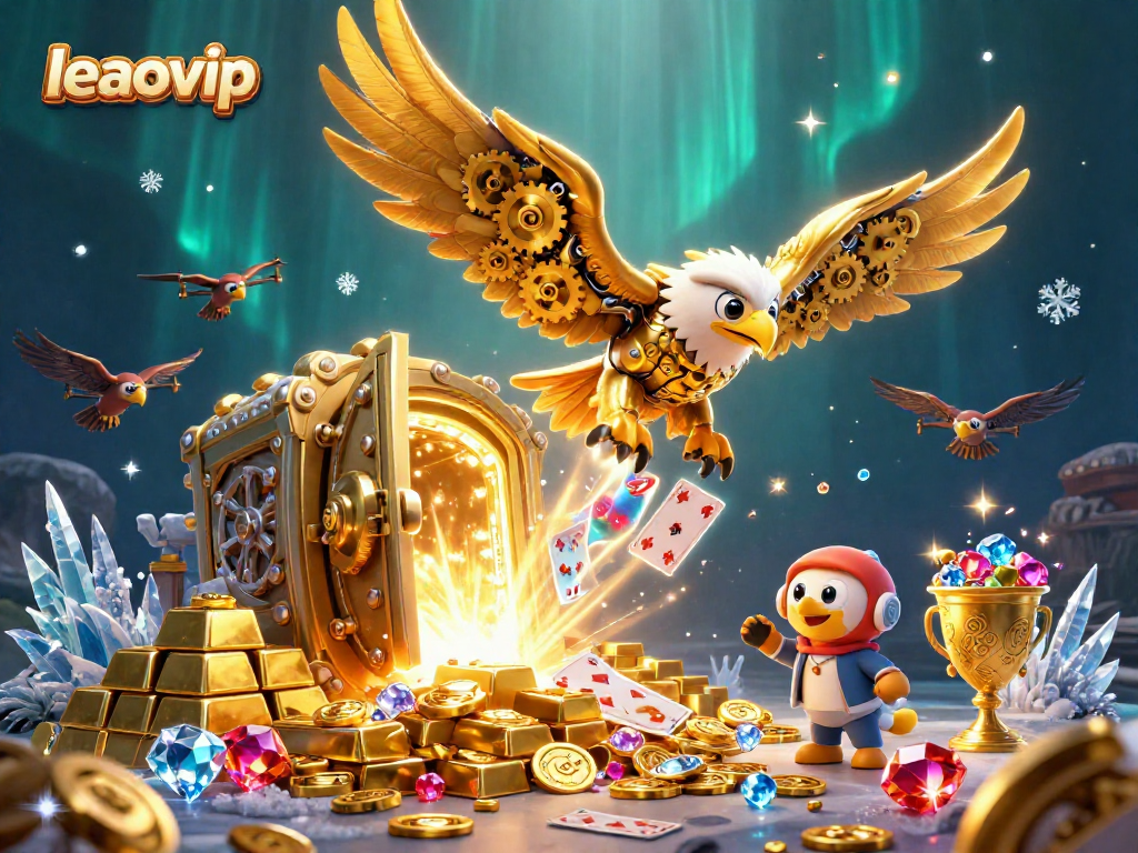 Mengalami sensasi di platform leaovip dengan ilustrasi 3D yang menampilkan burung elang cybernetic menyelam melalui kartu bermain holografik.
