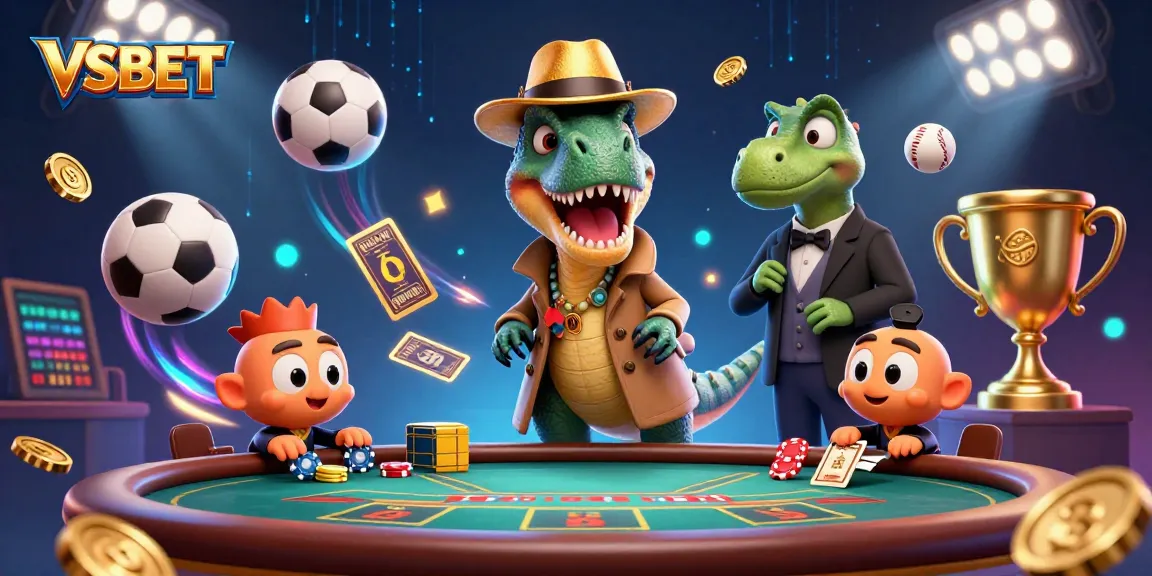 Experience exciting sports betting with VSBET illustrated by a crafty velociraptor card counter amidst dynamic gaming elements.