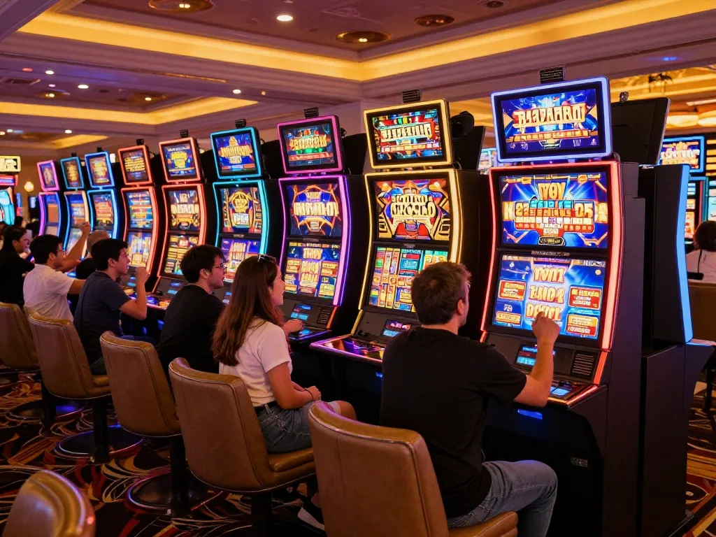 Pemain menikmati mesin slot spaceman di kasino Vegas yang meriah, merayakan kemenangan di tengah cahaya terang.