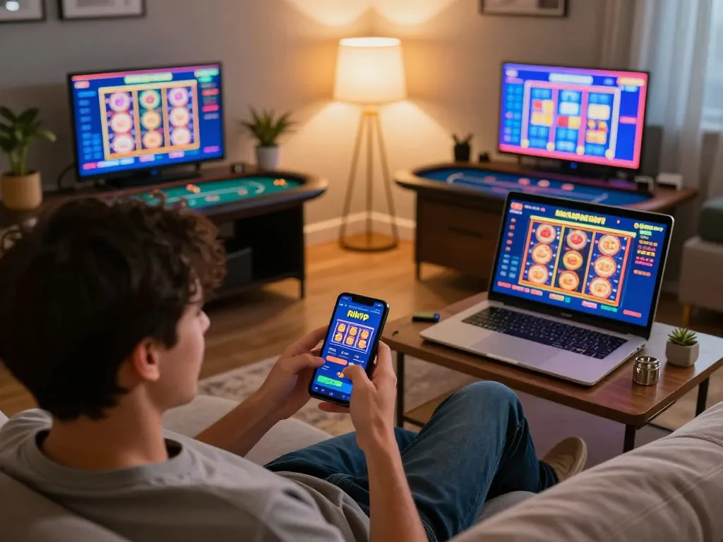 Player immersed in rikvip online gaming, focusing on exciting slots and poker.