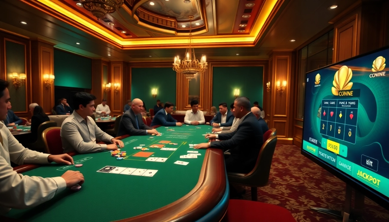 Engaged players enjoy a poker online game at a luxurious casino table filled with vibrant chips and cards.