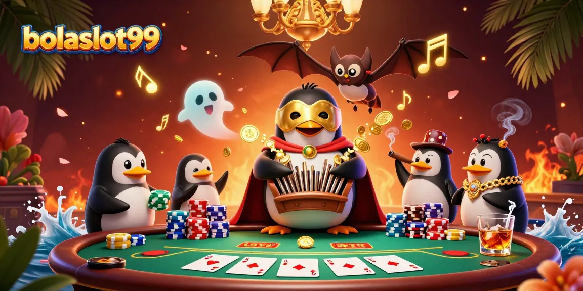 Experience excitement with bolaslot99 as a phantom opera penguin plays a gold coin organ at a vibrant poker scene.