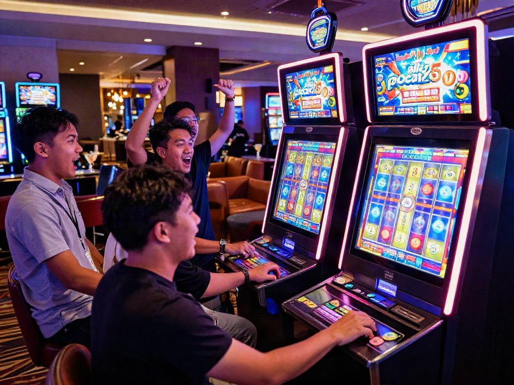 Pengunjung kasino bermain mesin slot pecah25 slot dengan suasana penuh semangat dan keceriaan.