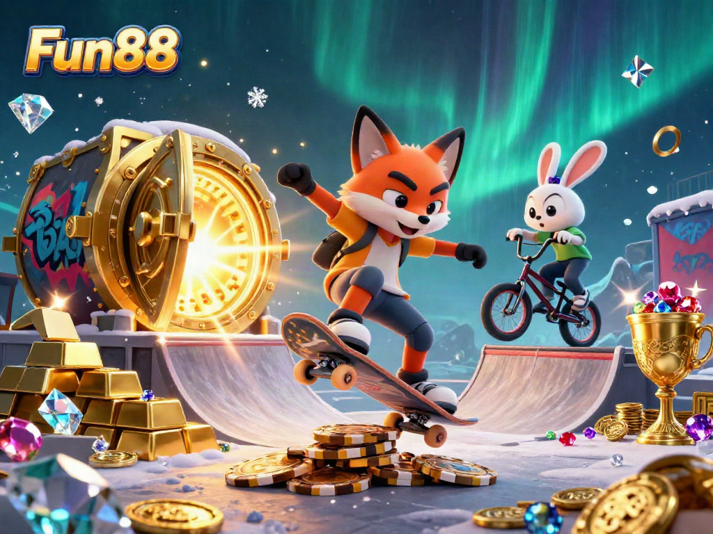 Experience Fun88's exciting world of online gaming with a playful fox and rabbit navigating a vibrant casino landscape.