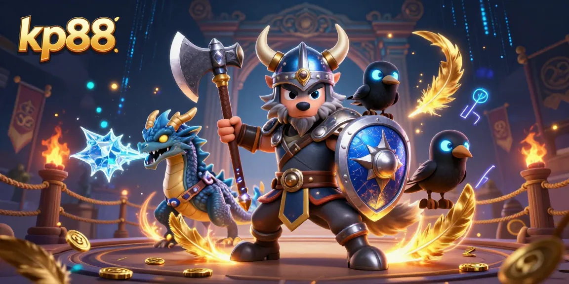 Experience kp88's thrilling online gaming realm with a Viking wolf warrior and fierce dragon.