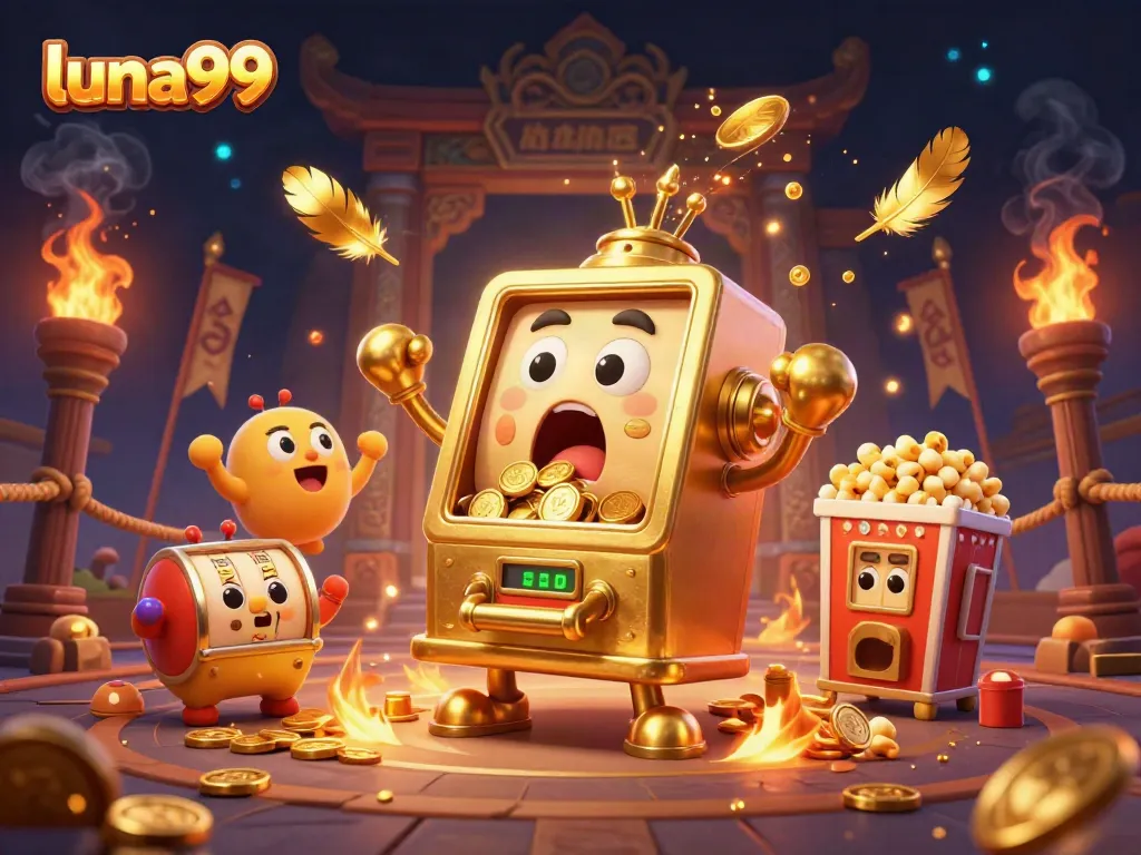 Permainan slot LUNA99 menunjukkan mesin slot emas yang terkejut saat mendapatkan jackpot, dikelilingi oleh elemen keberuntungan.