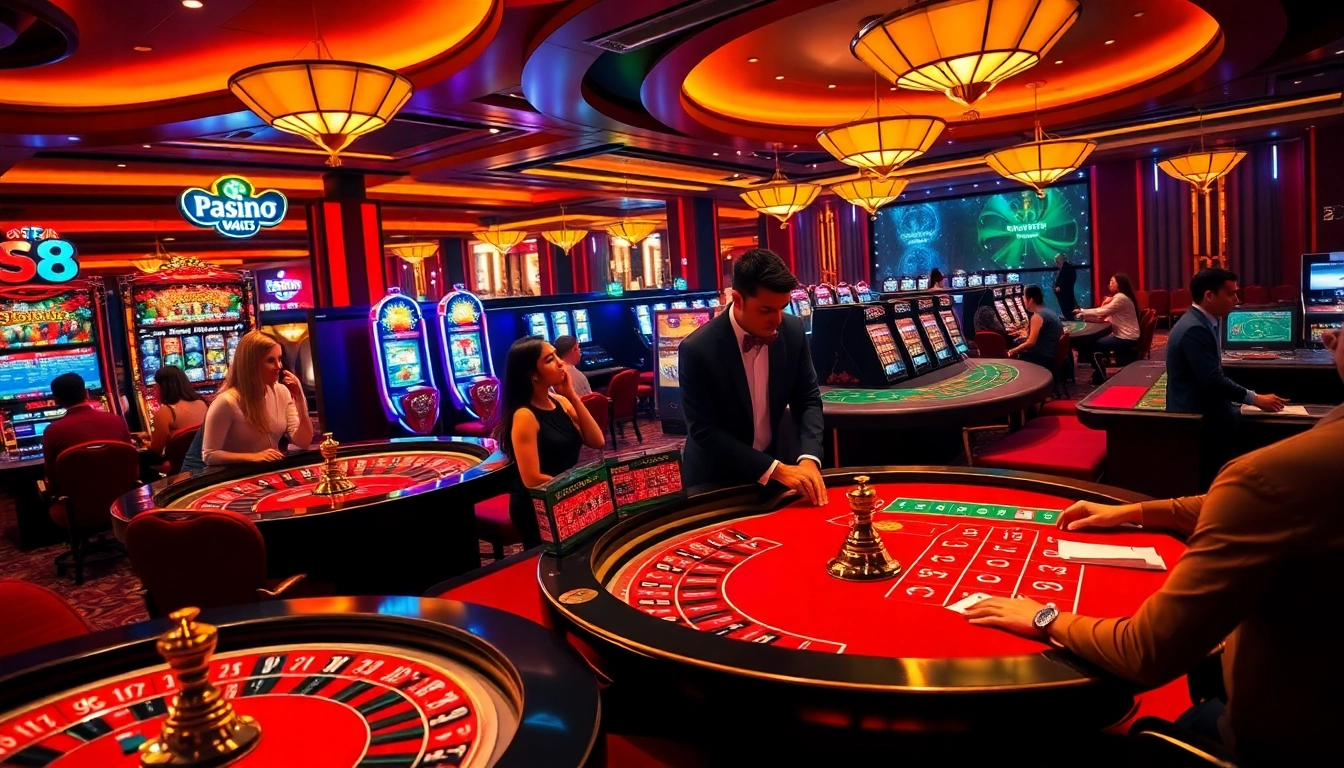 Experience rút tiền s8 with excitement at a lively casino featuring roulette and slot machines.