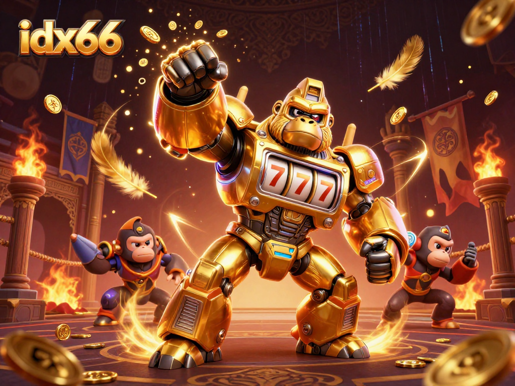 Bermain slot di dunia fantastis idx66 dengan gorila emas dan simbol keberuntungan.