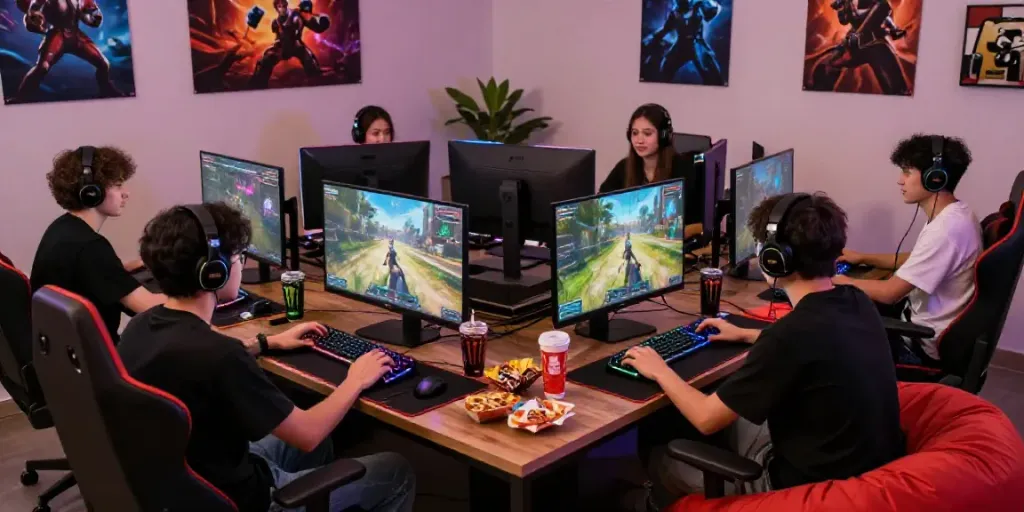 Penggemar bermain game di ruangan dengan dekorasi gaming, menampilkan alexistoto dalam suasana kompetitif yang energik.