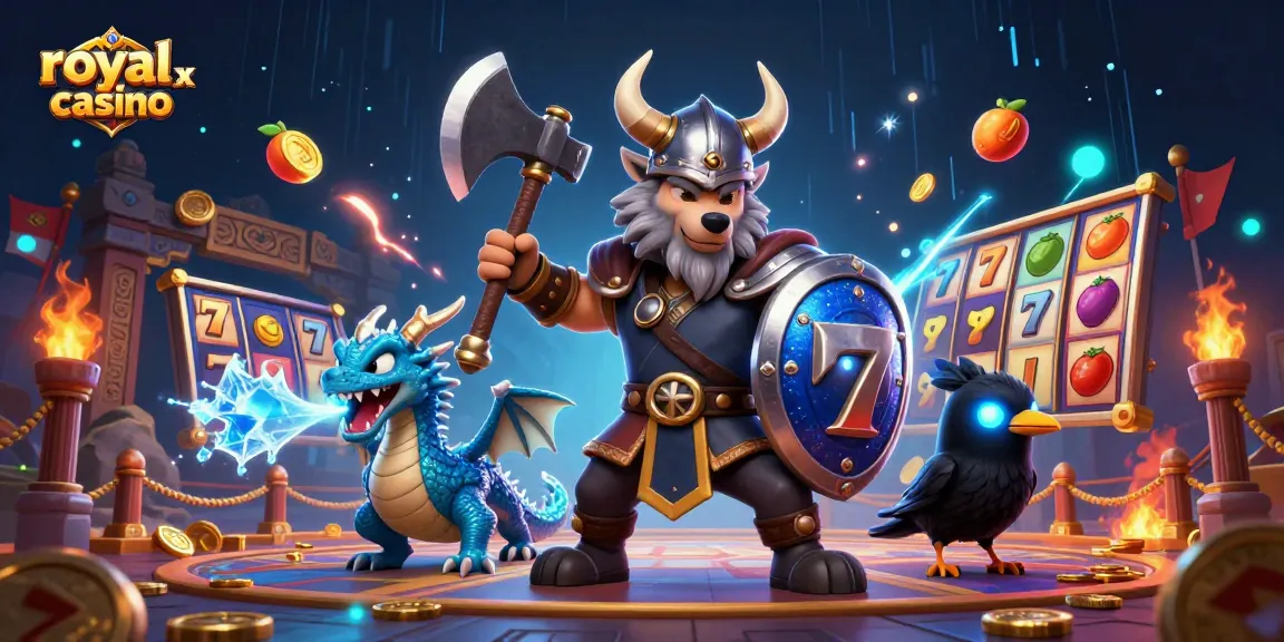 Engage with royal x casino's thrilling slots in a vibrant, action-packed illustration.