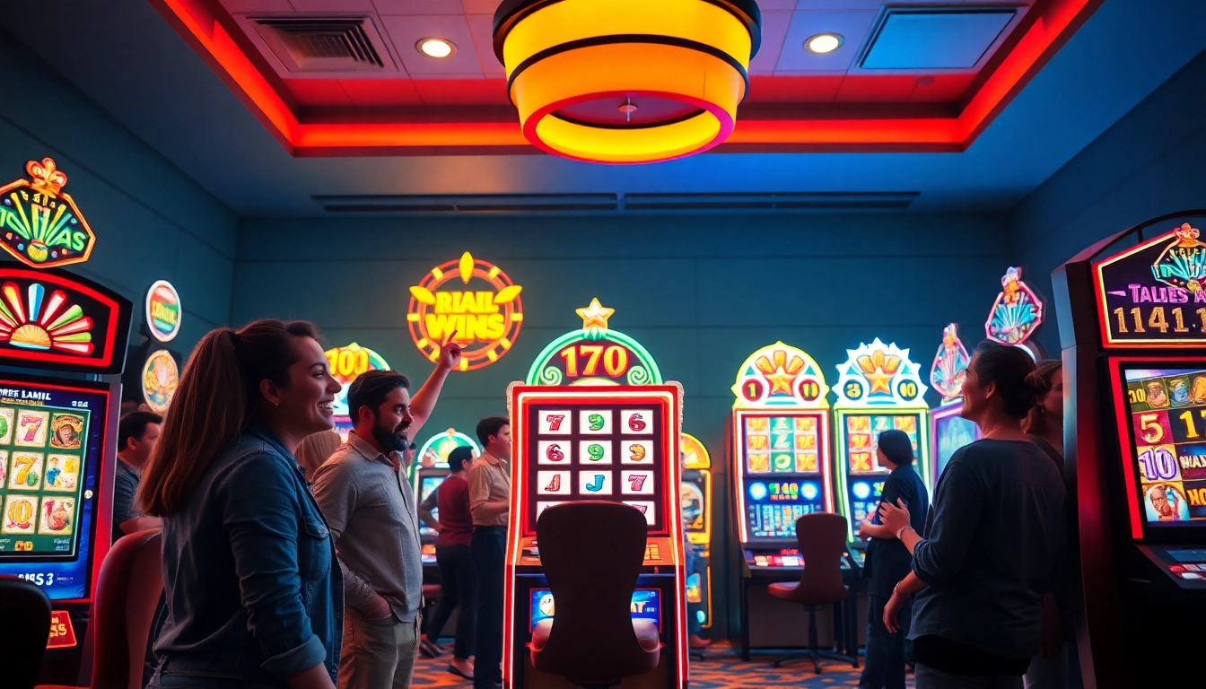 Dynamic online casino scene showcasing slot machines with players celebrating wins in a vibrant atmosphere.