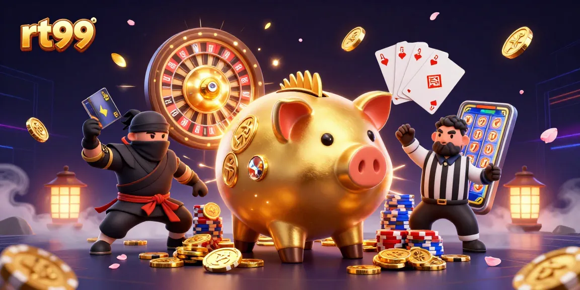 rt99 players battle for gold as a sumo piggy bank brings luck in a vibrant casino scene