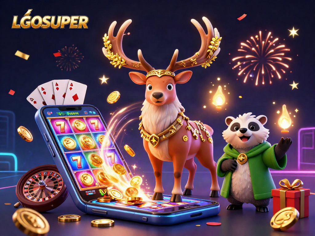 Play slots and win with LGOSUPER, featuring a colorful 3D casino scene.