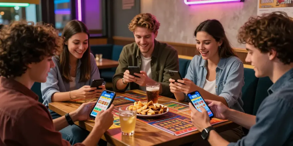 Grup teman bermain afktoto di kafe modern dengan suasana ceria.