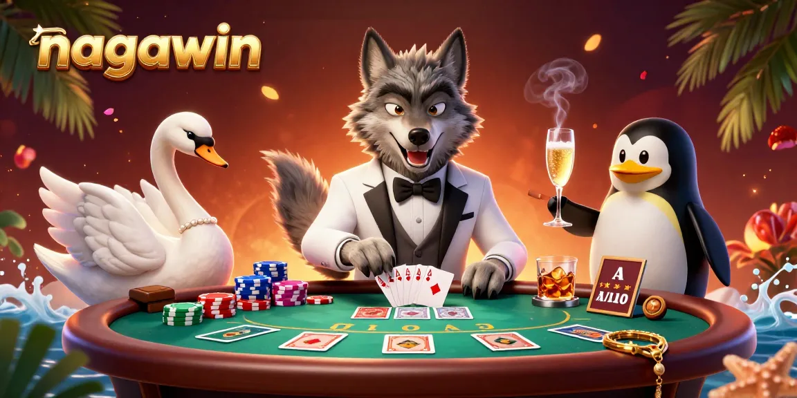 Experience excitement with nagawin's animated wolf, swan, and penguin at a vibrant casino scene.