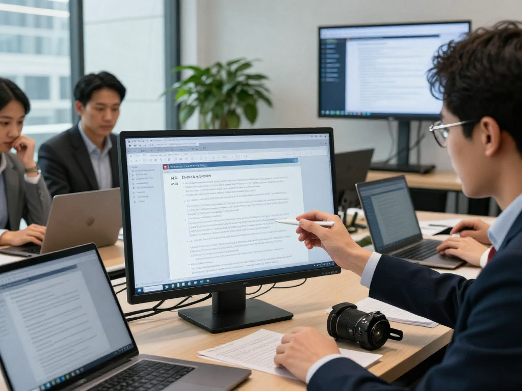 Compliance officer engaged in document fraud detection analysis, showcasing advanced verification techniques in a modern office.