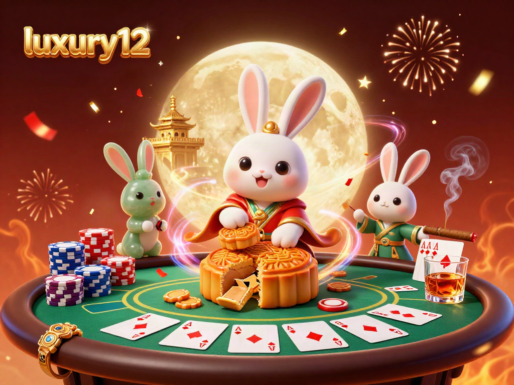 Experience luxury12 with a magical moon rabbit pounding mooncakes revealing poker chips.
