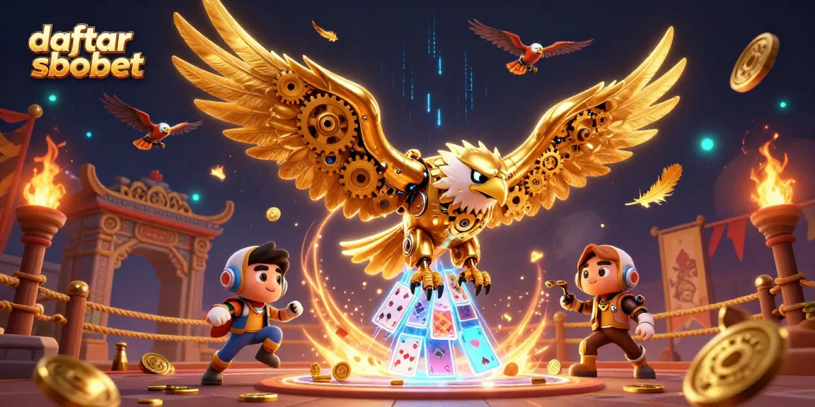 Engage in daftar sbobet with dynamic betting action featuring a golden eagle amidst holographic playing cards.