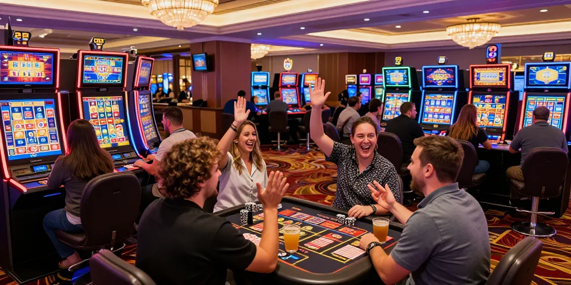 Experience the thrill at a vibrant casino floor, featuring situs slot machines and excited players.