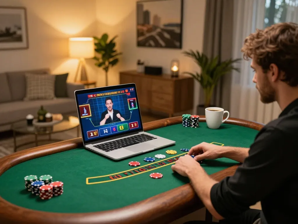 Player enjoying a live dealer game on sunwin's online casino platform from a cozy home setup
