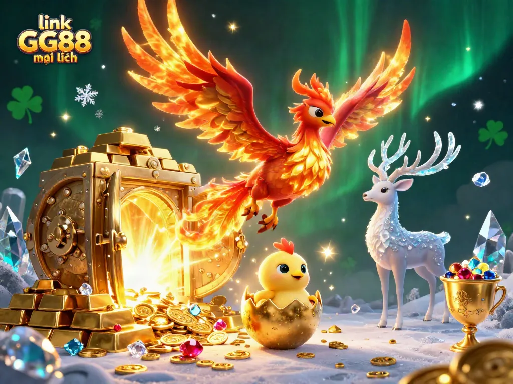 Experience the excitement with link GG88 mới nhất, featuring a phoenix and treasures in a vibrant casino scene.
