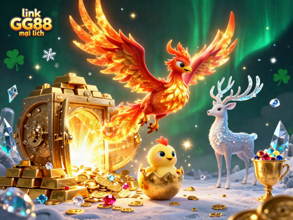 Experience the excitement with link GG88 mới nhất, featuring a phoenix and treasures in a vibrant casino scene.