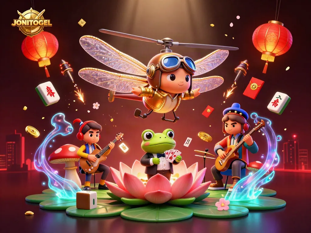 Engage with JONITOGEL's vibrant casino scene with a dragonfly pilot, frog croupier, and jazz musicians.