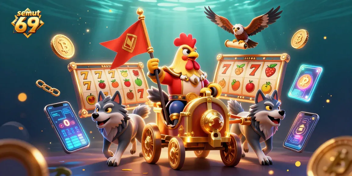 Semut 69 menghadirkan aksi menarik dengan simbol slot dan jackpot dalam ilustrasi judi yang megah.