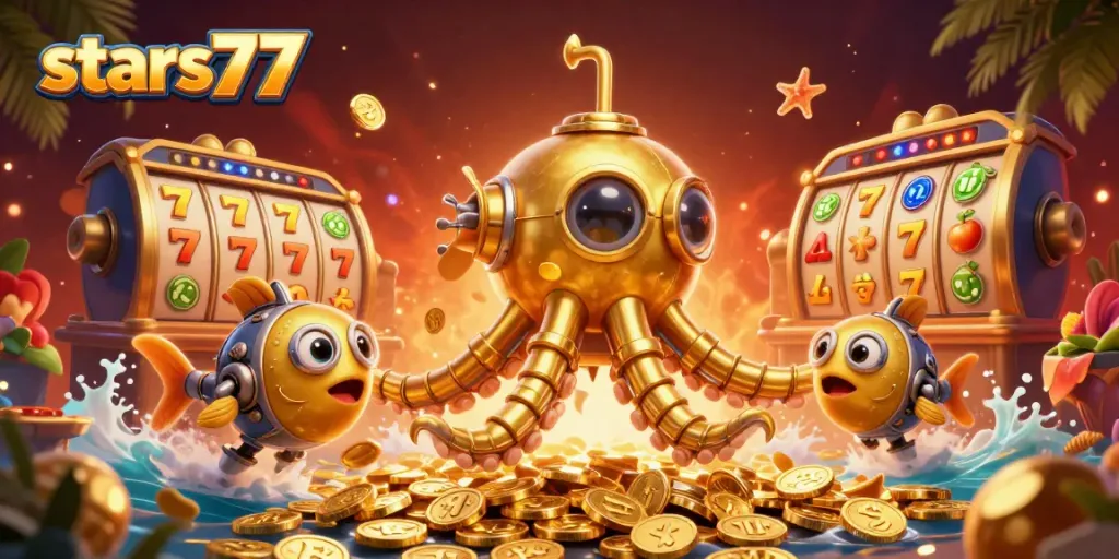 Mainkan permainan slot di stars77 dengan suasana penuh koin emas dan simbol keberuntungan.