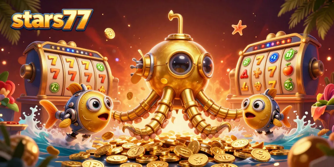 Mainkan permainan slot di stars77 dengan suasana penuh koin emas dan simbol keberuntungan.