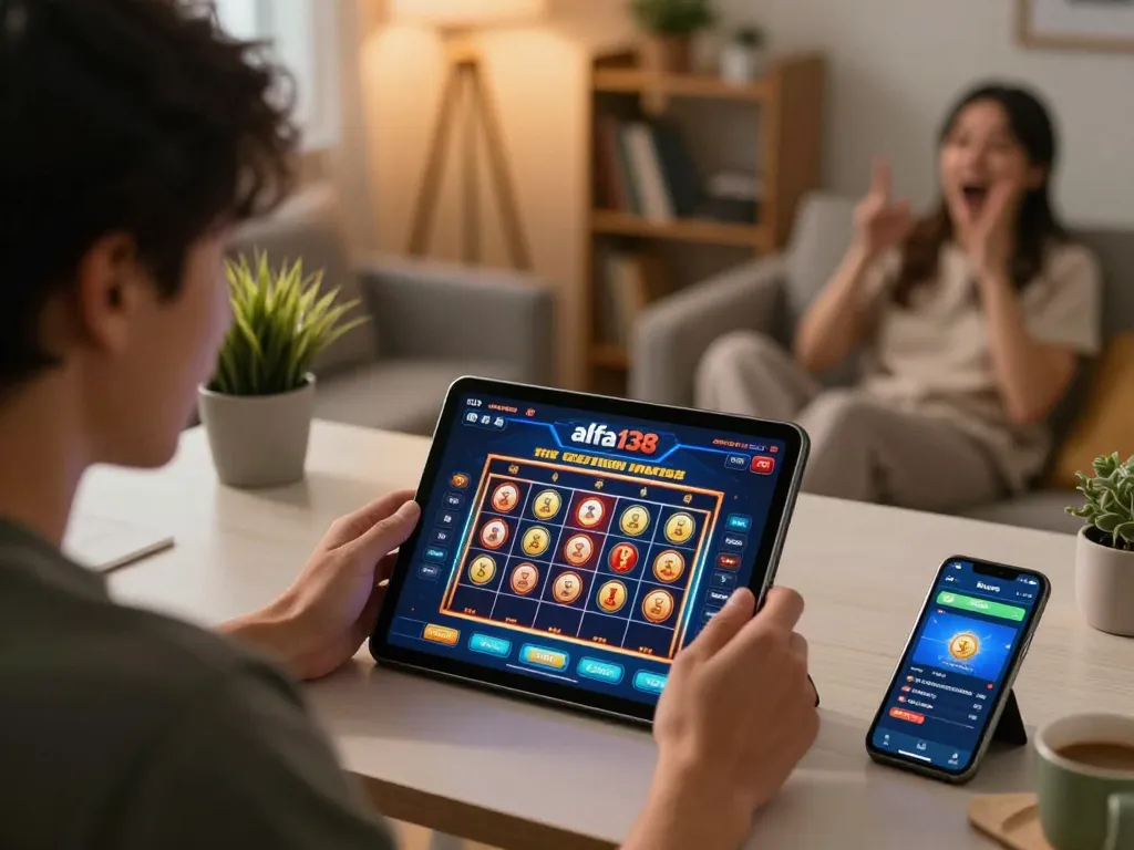 Person enjoying a thrilling online gaming session at home featuring alfa138 slots on tablet