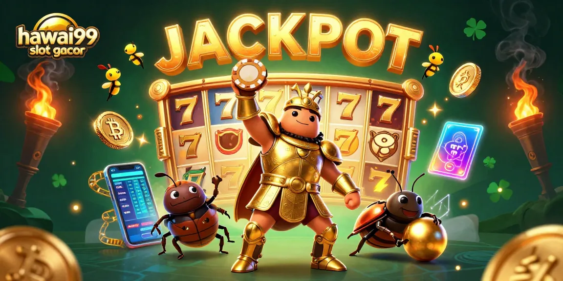 Engage with hawai99 slot gacor as a cartoon beetle celebrates a winning moment amidst a rich gaming atmosphere.