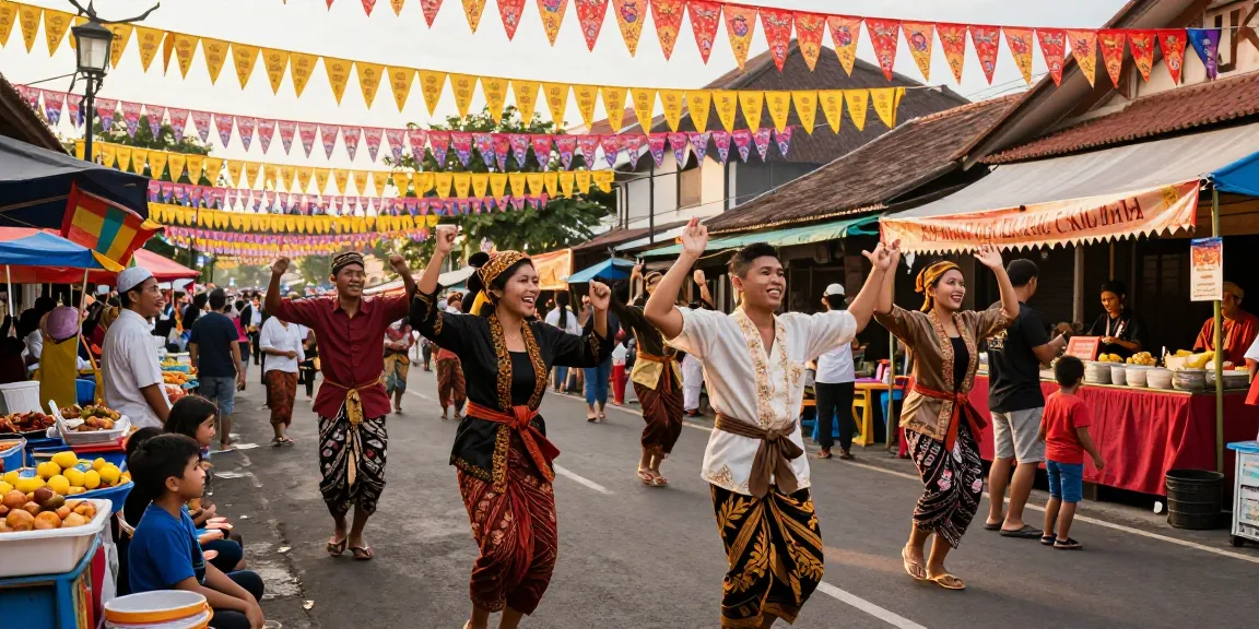 Festival budaya IMBAJP di kota Indonesia dengan orang-orang berpakaian tradisional, suasana meriah dan makanan jalanan.