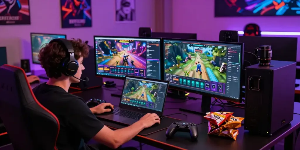 cirebontoto login pengguna sedang bermain game di meja modern dengan headset