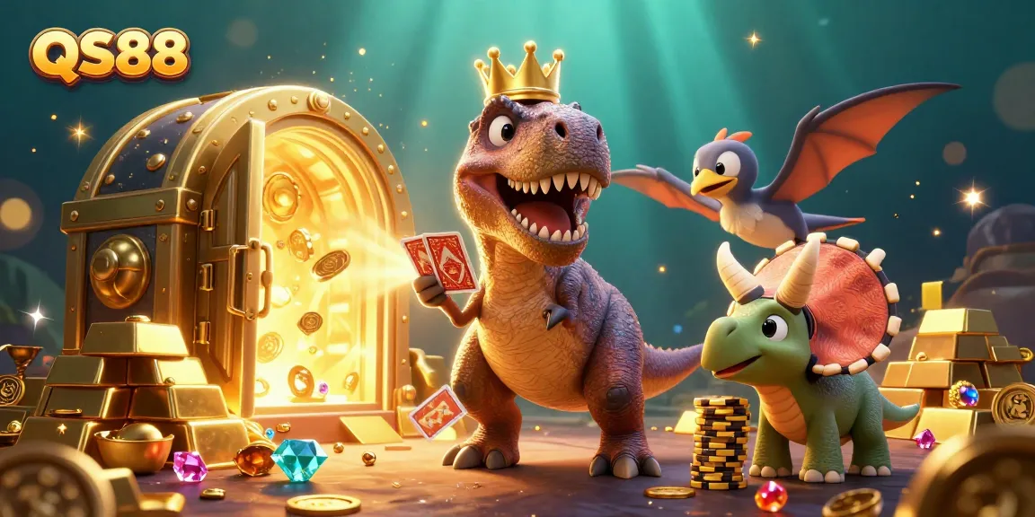 Experience QS88 with fun characters in a vibrant casino environment full of treasures.